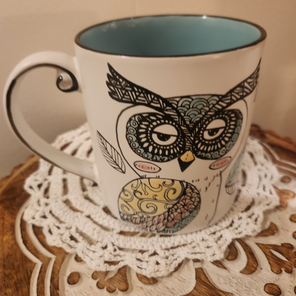 Ceramic Owl Accent Coffee Mug in Light Blue Interior